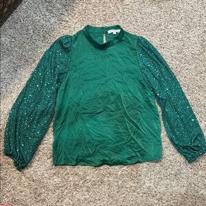 Emerald Green Sequin Long Sleeve Blouse with Mandarin Collar